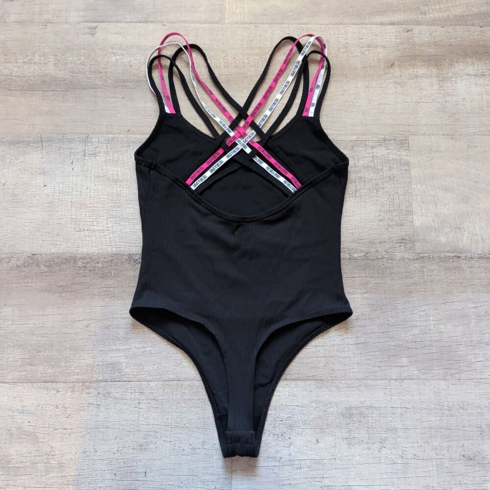 Victoria’s Secret Sport Black Ribbed Strappy Body Suit X-Small XS VS LOGO STRAPS